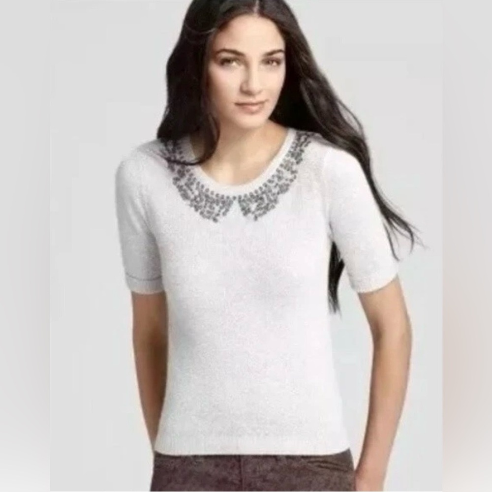 Free People Beaded Cream Short Sleeve Wool Rabbit Hair Sweater Small